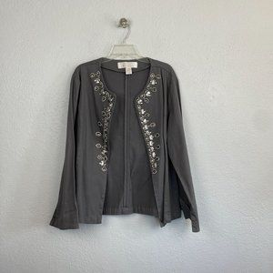American Glamour Badgley Mischka Womens Gray Embellished Open Front Jacket 1X